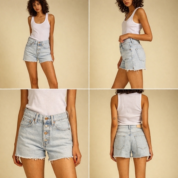 Edwin Pants - NWT Edwin Pale Blue High Rise Button Fly Cutoff Denim Shorts Raw Hem